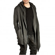 Mens Fashion Mid Long Avant garde Irregular Hem Solid Color Pockets Hooded Cardigans
