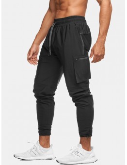 Mens Solid Color Multi Pocket Reflective Drawstring Sport Cargo Jogger Pants