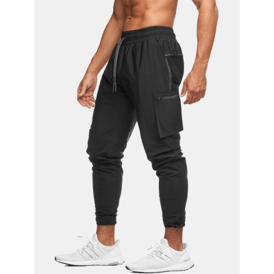 Mens Solid Color Multi Pocket Reflective Drawstring Sport Cargo Jogger Pants Mens Solid Color Multi Pocket Reflective Drawstring Sport Cargo Jogger Pants