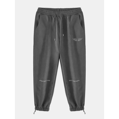 Mens Wings Back Print Plus Velvet Thick Drawstring Waist Cotton Jogger Pants Mens Wings Back Print Plus Velvet Thick Drawstring Waist Cotton Jogger Pants