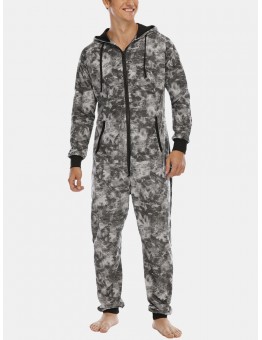 Mens Tie Dye Hooded Jumpsuits Home Fleece Plush Sleepwear With Pocket