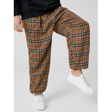 Mens Vintage Plaid Cotton Elastic Waist Drawstring Jogger Pants