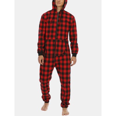 Mens Plaid Zipper Front Kangaroo Pocket Hooded One Piece Jumpsuit Home Warm Sleepwear Mens Plaid Zipper Front Kangaroo Pocket Hooded One Piece Jumpsuit Home Warm Sleepwear