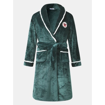 Mens Flannel Chest Patched Lapel Double Pocket Warm Comfy Robes With Belt Mens Flannel Chest Patched Lapel Double Pocket Warm Comfy Robes With Belt