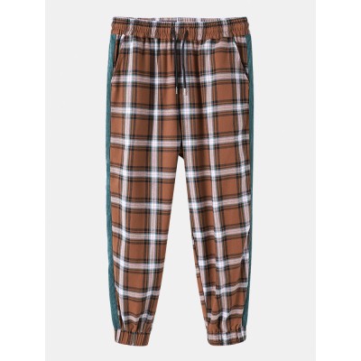 Mens Plaid Side Patchwork Drawstring Elastic Waist Casual Cotton Jogger Pants Mens Plaid Side Patchwork Drawstring Elastic Waist Casual Cotton Jogger Pants