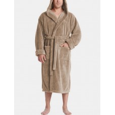 Mens Solid Color Flannel Thicken Warm Lace Up Home Hooded Robe