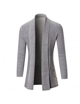 Men’s Fashion Knitting Cardigans Long Section Pure Color Turndown Collar Casual Outwear