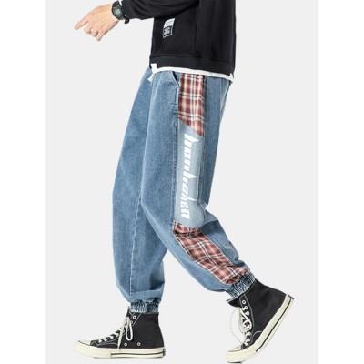 Mens Side Plaid Patchwork Letter Pritned Casual Drawstring Denim Jogger Pants Mens Side Plaid Patchwork Letter Pritned Casual Drawstring Denim Jogger Pants