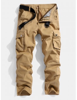 Mens Solid Color Multi Pocket Zipper Fly Mid Waist Casual Pants