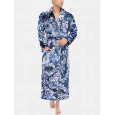 Mens Tie Dye Flannel Thick Pocket Long Sleeve Calf Length Home Sleepwear Robes