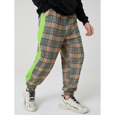 Mens Plaid Cotton Side Patchwork Drawstring Elastic Waist Jogger Pants With Pocket Mens Plaid Cotton Side Patchwork Drawstring Elastic Waist Jogger Pants With Pocket